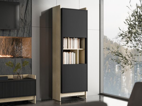 Könyvespolc Mavnoli 107, Ajtókkal, Zárt, Laminált forgácslap, 181x59x38cm, Cremona tölgy, Fekete