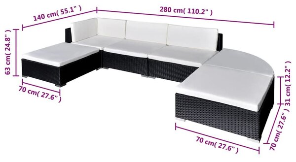 VidaXL 6 részes fekete polyrattan kerti ülőgarnitúra párnákkal