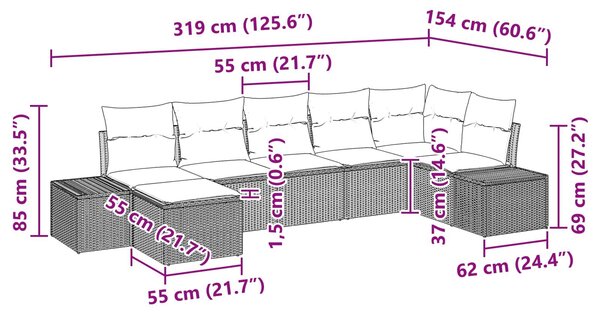 VidaXL Kerti Kanapé Szett párnával 7 pcs Barna polirattan
