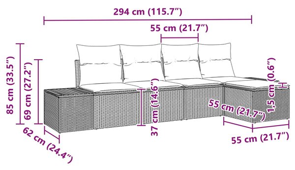 VidaXL Kerti Kanapé Szett 5 db Fekete polirattan