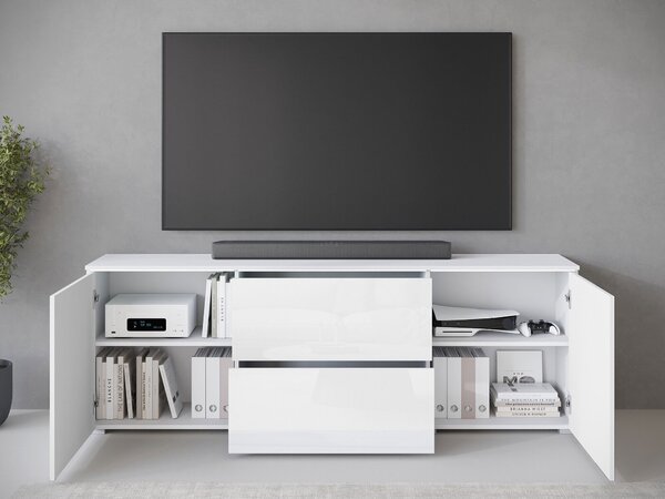 TV-állvány Mirfivo 104, Laminált forgácslap, 62x180x35cm, Fényes fehér, Matera szürke