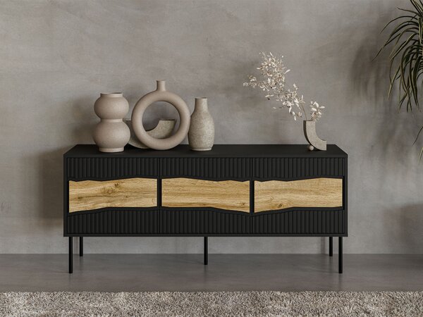 TV-állvány Monevare 103, Közepes sűrűségű farostlemez, Laminált forgácslap, 62x144x40cm, Fekete, Wotan tölgy