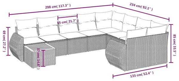 VidaXL 10 db fekete polyrattan kerti kanapégarnitúra párnákkal