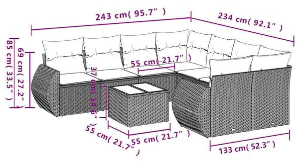 VidaXL 9 db barna polyrattan kerti kanapégarnitúra párnákkal