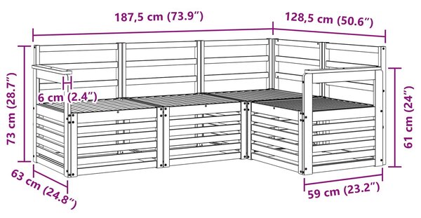 VidaXL Ülőgarnitúrák 4 pcs Fehér 187,5 x 128,5 x 73 cm Tömör Akácfa