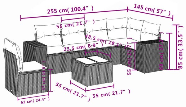 VidaXL 7 db barna polyrattan kerti kanapégarnitúra párnákkal