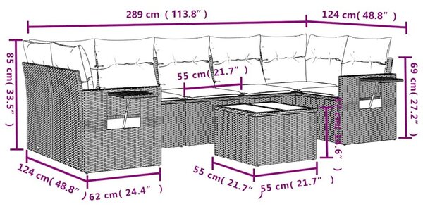 VidaXL 8 db fekete polyrattan kerti kanapégarnitúra párnákkal