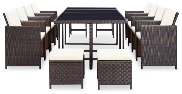 VidaXL 13-részes barna kültéri polyrattan étkezőszett párnákkal