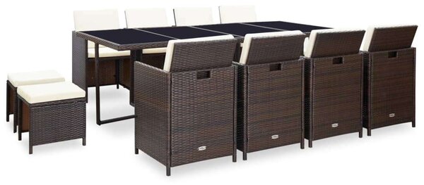 VidaXL 13-részes barna kültéri polyrattan étkezőszett párnákkal