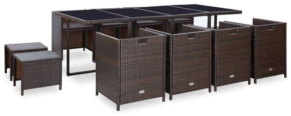 VidaXL 13-részes barna kültéri polyrattan étkezőszett párnákkal