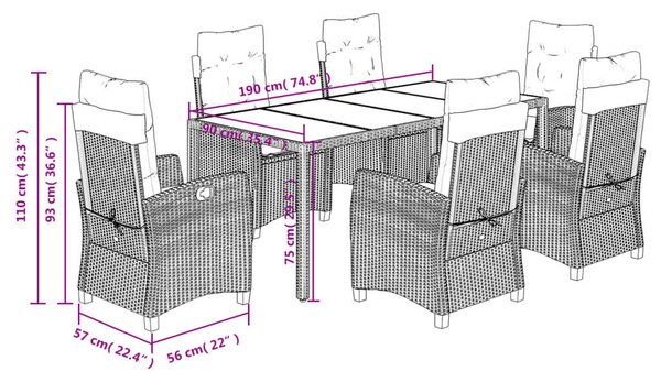 VidaXL 7 részes szürke polyrattan kerti étkezőgarnitúra párnával