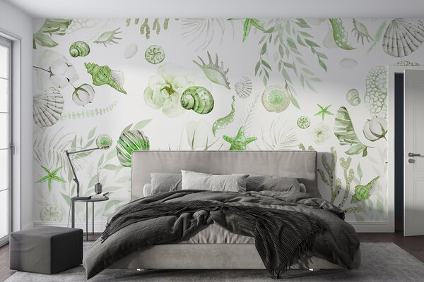 Fotótapéta Akvarell tengeri minta, boho stílus, kagylókból, korallok, pamut, zöld, 3d fotótapéta, 3d levelek fotótapéta, w00851v2 : Uwalls.hu
