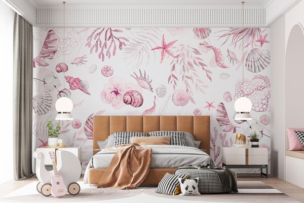 Fotótapéta Akvarell tengeri minta, boho stílus, kagylókból, korallok, pamut, rózsaszín, Fotótapéta virágok és növények, w00851v3 : Uwalls.hu