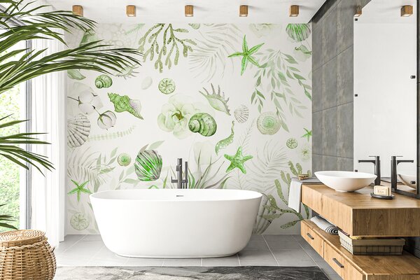 Fotótapéta Akvarell tengeri minta, boho stílus, kagylókból, korallok, pamut, zöld, 3d fotótapéta, 3d levelek fotótapéta, w00851v2 : Uwalls.hu