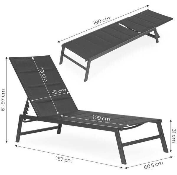 Napozóágy, MultiGarden ESO-LC191-1, fekete, 157 x 97 x 60,5 cm, fémvázas kialakítás, textilén háló, 4 állítható pozícióval, fekvő helyzetbe dönthető, teherbírás: 120 kg