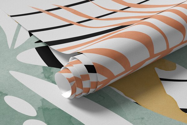 Fotótapéta Boho absztrakció, monstera és pálmalevél, ívelt vonalak, folt, geometriai, topográfiai, kék,, Fotótapéta modern, w01256 : Uwalls.hu