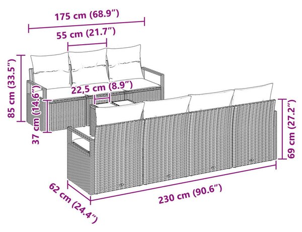 8 darabos Kerti Sofa Szett Párnákkal Barna Poli Rattan, 2 Személyes Kerti Sofa Párnákkal Barna Poli Rattan