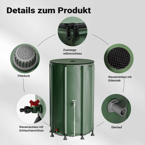 Összecsukható esővízgyűjtő hordó fedéllel csappal 500 literes 620 G/M² PVC-ből 65101