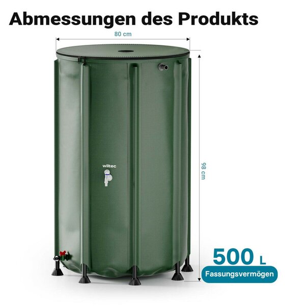 Összecsukható esővízgyűjtő hordó fedéllel csappal 500 literes 620 G/M² PVC-ből 65101