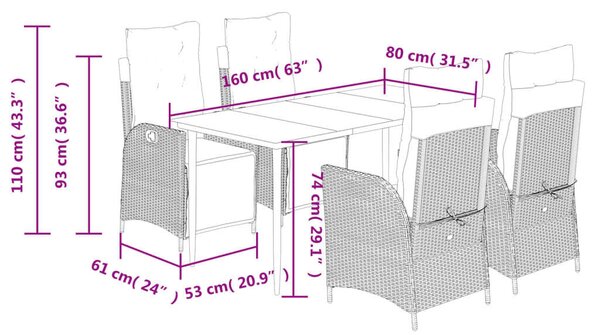 VidaXL 5 részes fekete polyrattan kerti étkezőgarnitúra párnákkal