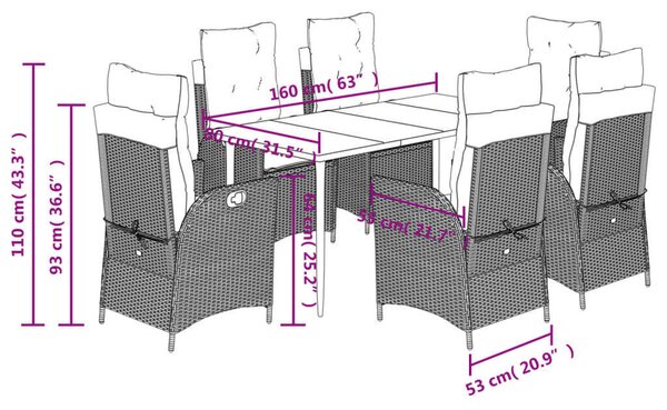 VidaXL 7 részes fekete polyrattan kerti étkezőgarnitúra párnával