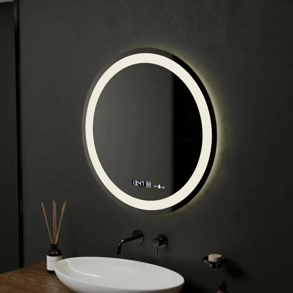Celeste MotionGlow Marcello Kerek LED Tükör, 60cm, Páramentesítő Rendszer, Óra és Hőmérő, Szabályozható Fényerő