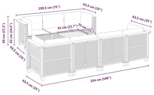VidaXL 8 részes Kerti Ülőgarnitúra - Fekete Polyrattan