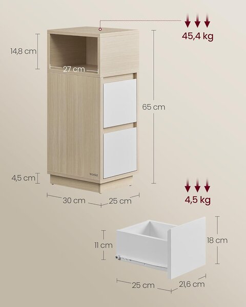 2 db keskeny éjjeliszekrény szett, 2 fiókkal és nyitott polccal, PAL és MDF anyagból, 30x25x65 cm, bézs és fehér