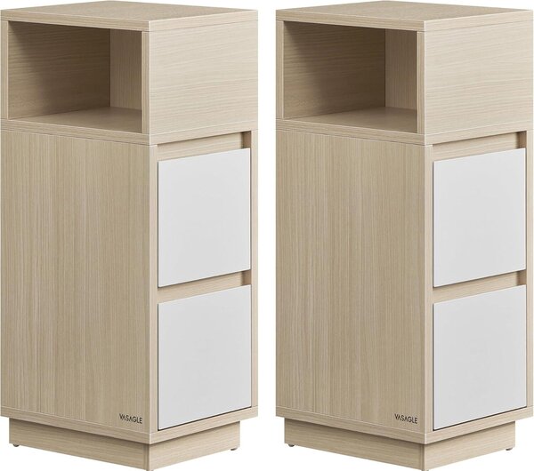 2 db keskeny éjjeliszekrény szett, 2 fiókkal és nyitott polccal, PAL és MDF anyagból, 30x25x65 cm, bézs és fehér