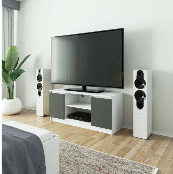 TV szekrény, 2 ajtós, középső polccal, 120x40x55 cm, média tárolásra, fehér és szürke