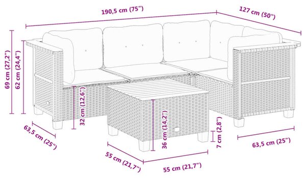 VidaXL 5 részes fekete polyrattan kerti kanapészett párnákkal