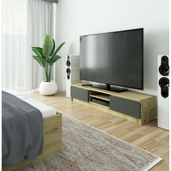 TV szekrény, forgácslap, 2 ajtós, központi média polcokkal, 160x40x33 cm, elegáns design, artisan tölgy szürke