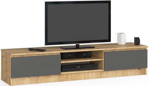 TV szekrény, forgácslap, 2 ajtós, központi média polcokkal, 160x40x33 cm, elegáns design, artisan tölgy szürke