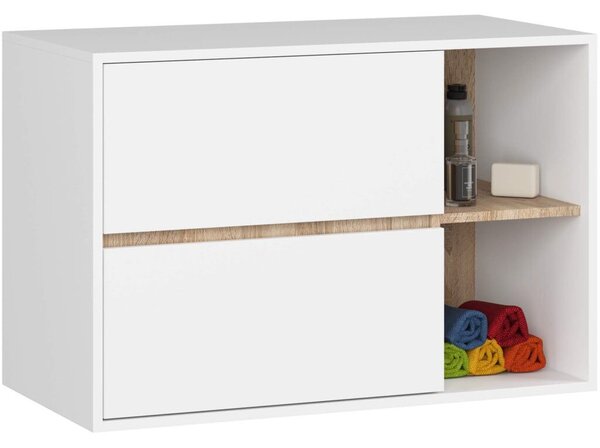 Függőleges fürdőszobai polc, 2 fiókkal, 16 mm-es laminált faforgácsból, 90x46x60 cm, fehér és sonoma tölgy színben