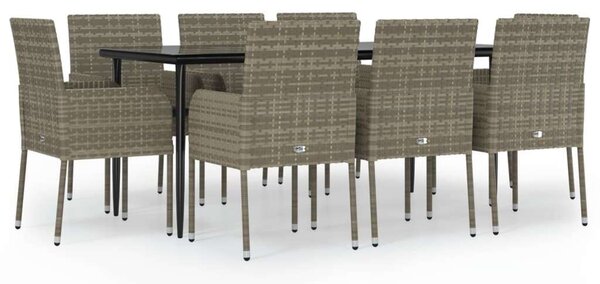 9 részes fekete és szürke polyrattan kerti étkezőszett párnával