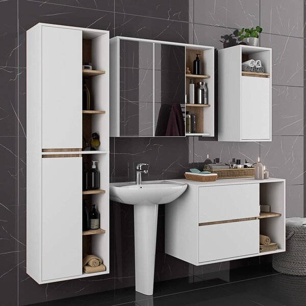Függőleges fürdőszobai polc, 2 fiókkal, 16 mm-es laminált faforgácsból, 90x46x60 cm, fehér és sonoma tölgy színben