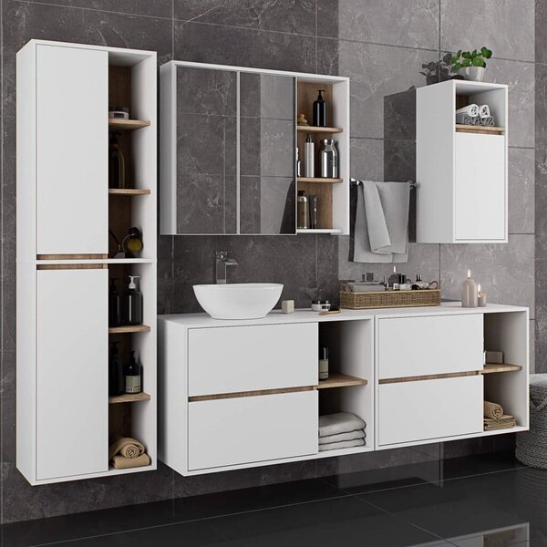 Függőleges fürdőszobai polc, 2 fiókkal, 16 mm-es laminált faforgácsból, 90x46x60 cm, fehér és sonoma tölgy színben