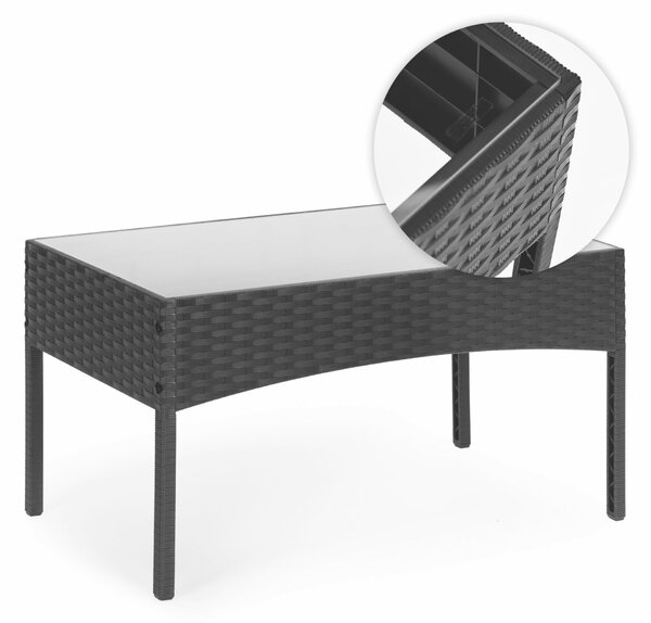 4 személyes fekete polyrattan hatású kerti bútor szett üveglapos asztallal