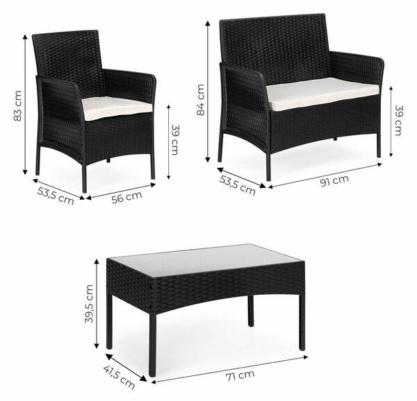 4 személyes fekete polyrattan hatású kerti bútor szett üveglapos asztallal