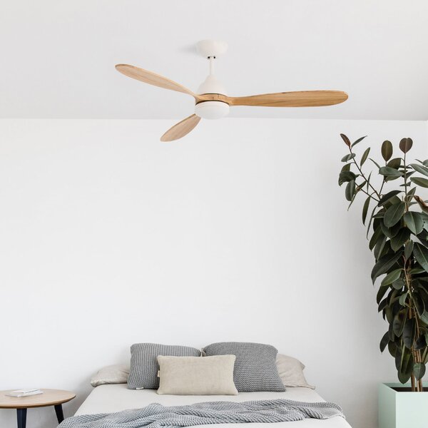Poros mennyezeti ventilátor, LED világítással, 132 cm átmérőjű, fehér/világos fa FARO BARCELONA, Poros, dimmable, Fehér, Nappali, Fém, Modern