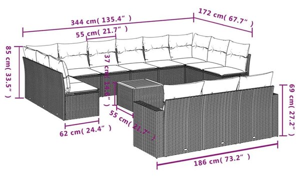 VidaXL Polyrattan Kerti Ülőgarnitúra - 14 részes - Szürke
