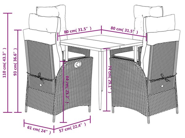 VidaXL Polyrattan Kerti Étkezőgarnitúra - 5 részes - Fekete
