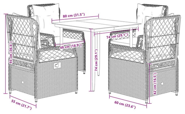 Polyrattan Kerti Étkezőgarnitúra - 5 részes - Szürke