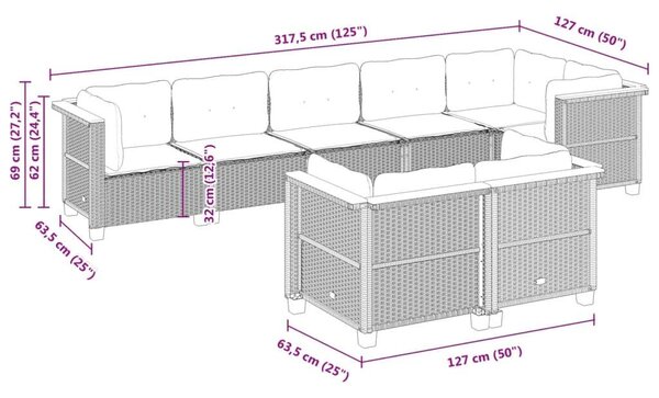 VidaXL 8 részes Kerti Ülőgarnitúra - Fekete Polyrattan