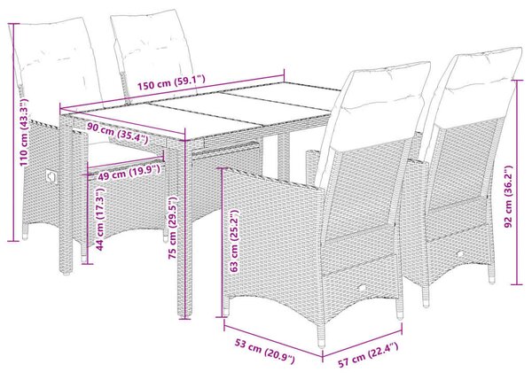 VidaXL - 5 Részes Kerti Étkezőgarnitúra - Polyrattan - Szürke