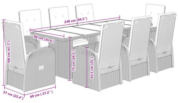 VidaXL Polyrattan Kerti Étkezőgarnitúra - 9 részes - Szürke