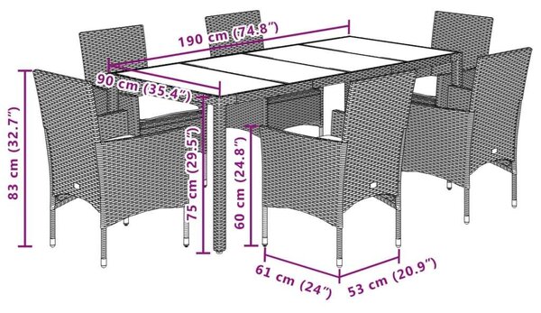 VidaXL Kerti Étkezőgarnitúra - 7 részes - Fekete Polyrattan - Akácfa