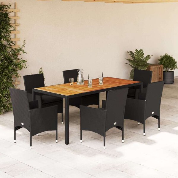 VidaXL Kerti Étkezőgarnitúra - 7 részes - Fekete Polyrattan - Akácfa
