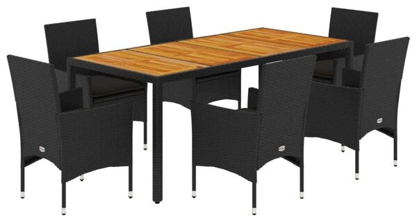 VidaXL Kerti Étkezőgarnitúra - 7 részes - Fekete Polyrattan - Akácfa