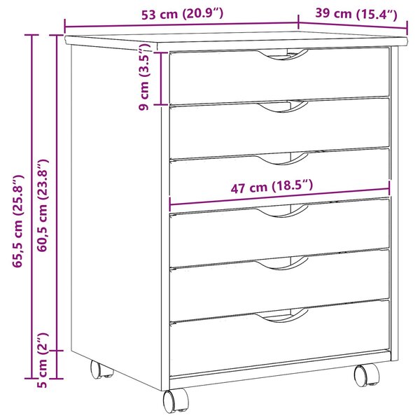 VidaXL Görgős szekrény fiókokkal MOSS 53 x 39 x 65,5 cm Tömör fenyőfa